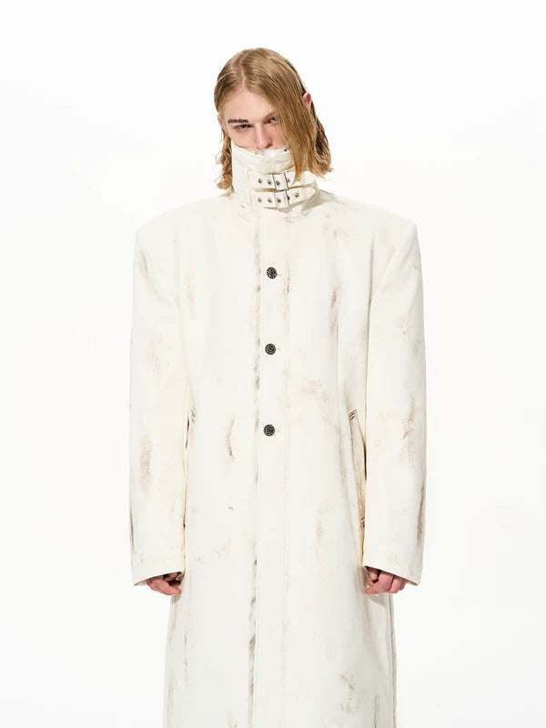 Distressed Leather Fur Trim Long Coat 2