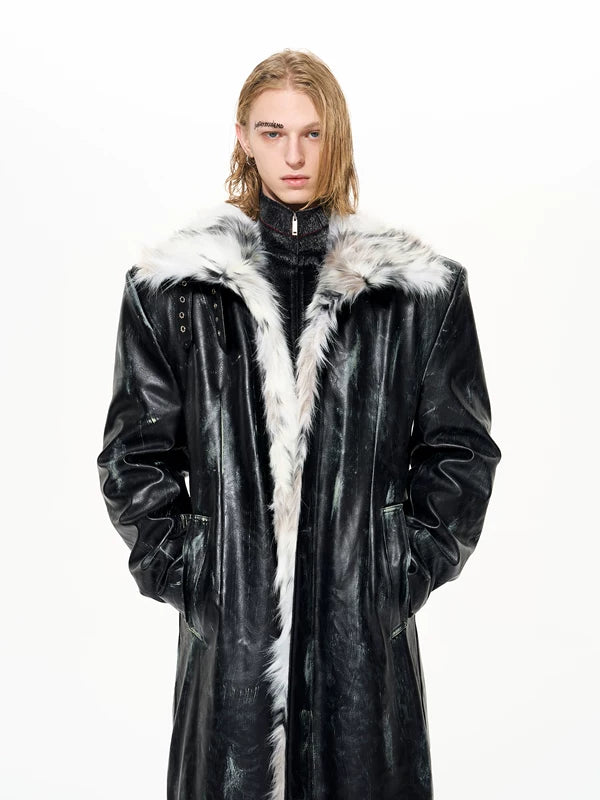 Distressed Leather Fur Trim Long Coat 3