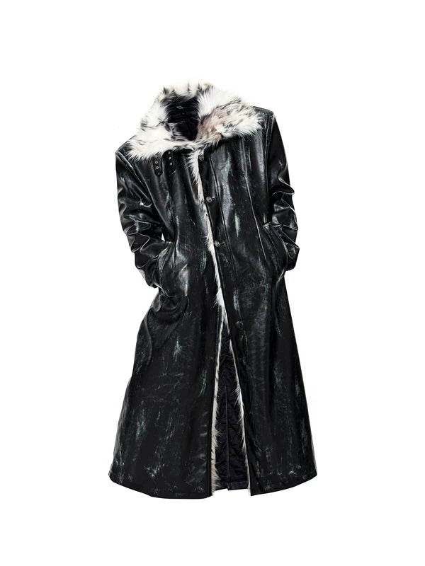 Distressed Leather Fur Trim Long Coat 5