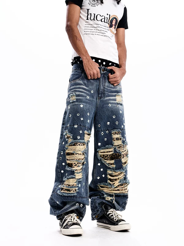 Distressed Leopard Patchwork Wide Leg Jeans 1