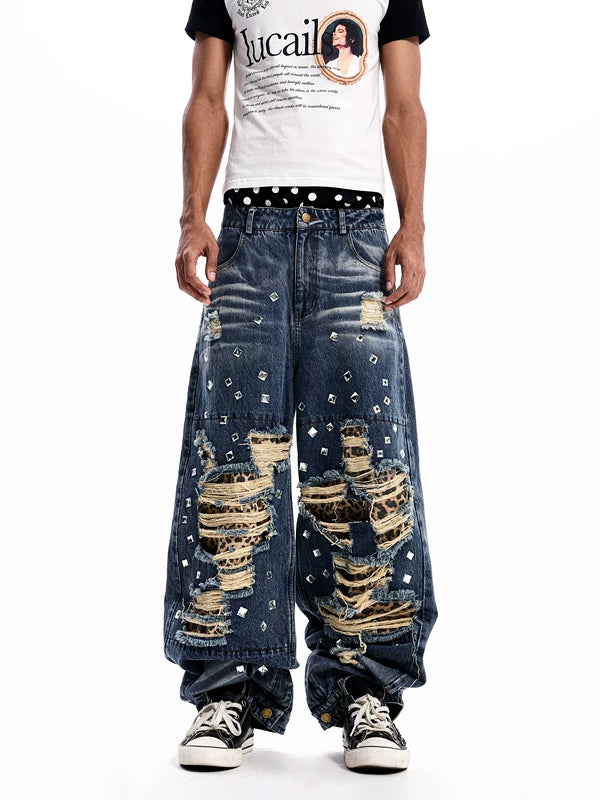 Distressed Leopard Patchwork Wide Leg Jeans 2