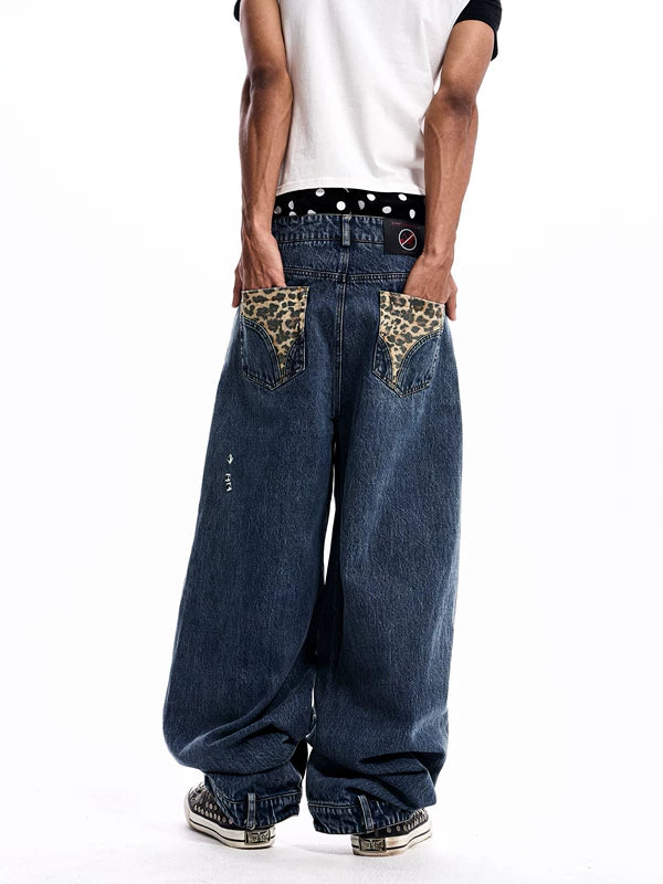 Distressed Leopard Patchwork Wide Leg Jeans 3