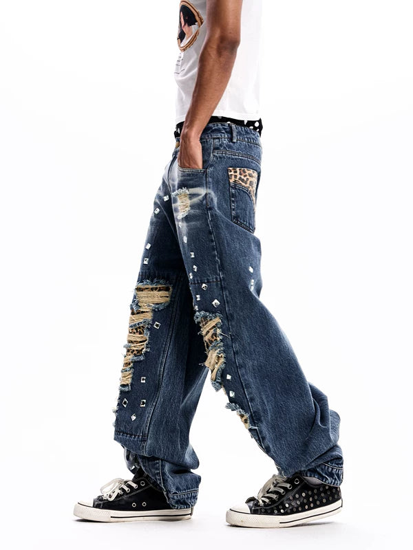 Distressed Leopard Patchwork Wide Leg Jeans 4