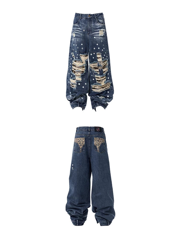 Distressed Leopard Patchwork Wide Leg Jeans 5