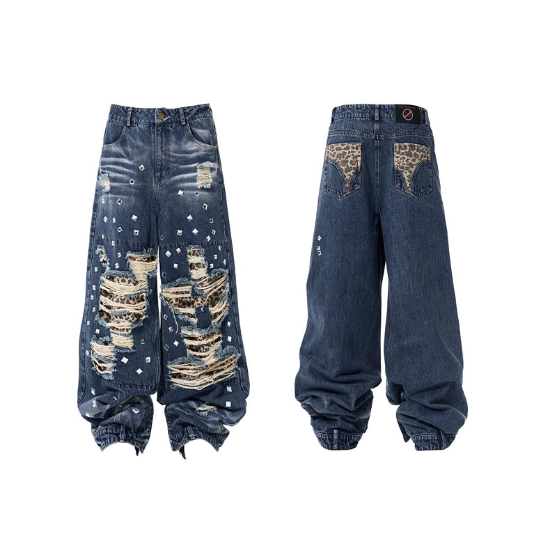 6101373544537,6101373544538,6101373544539,6101373544540, Distressed Leopard Patchwork Wide Leg Jeans