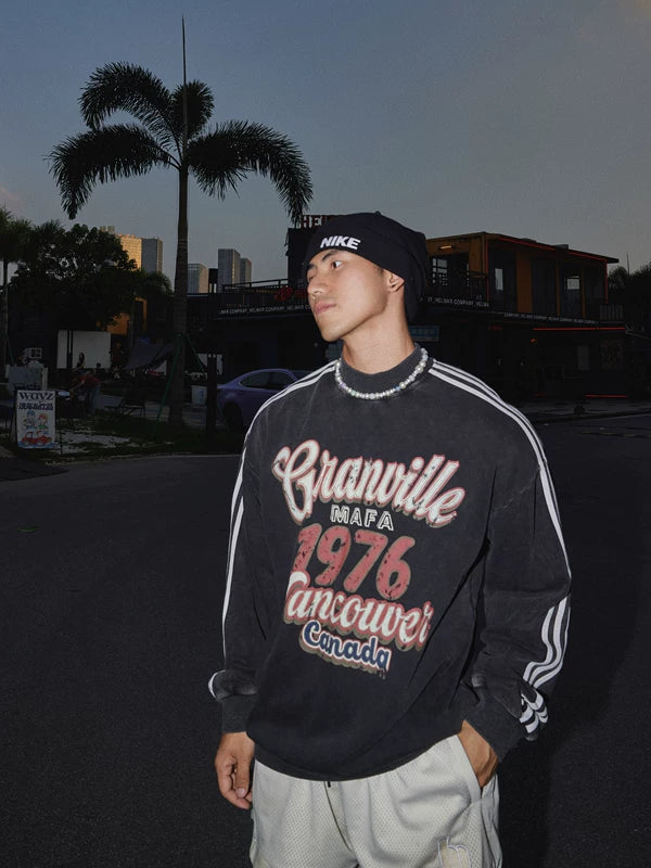Distressed Letter Print Side Stripe Sweatshirt 1