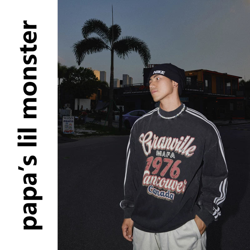 5918328925711,5918328925712,5918328925713, Distressed Letter Print Side Stripe Sweatshirt