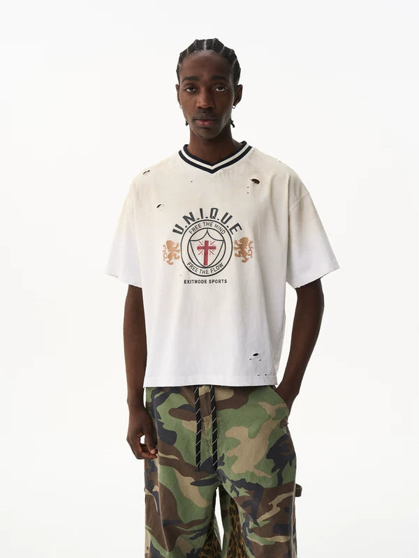 Distressed Loose V-Neck T-Shirt 4