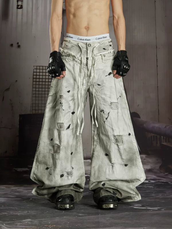 Distressed Mesh Patchwork Double Waistband Pants 1