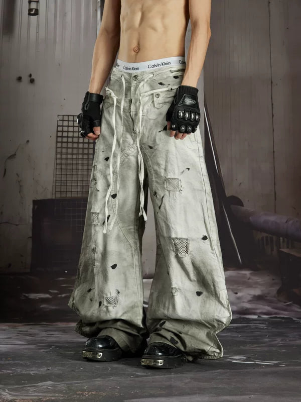 Distressed Mesh Patchwork Double Waistband Pants 3