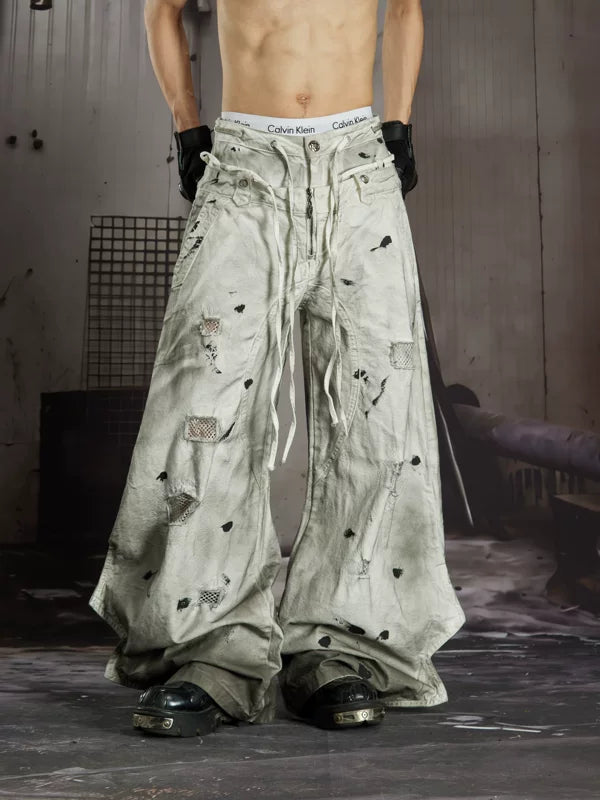 Distressed Mesh Patchwork Double Waistband Pants 5