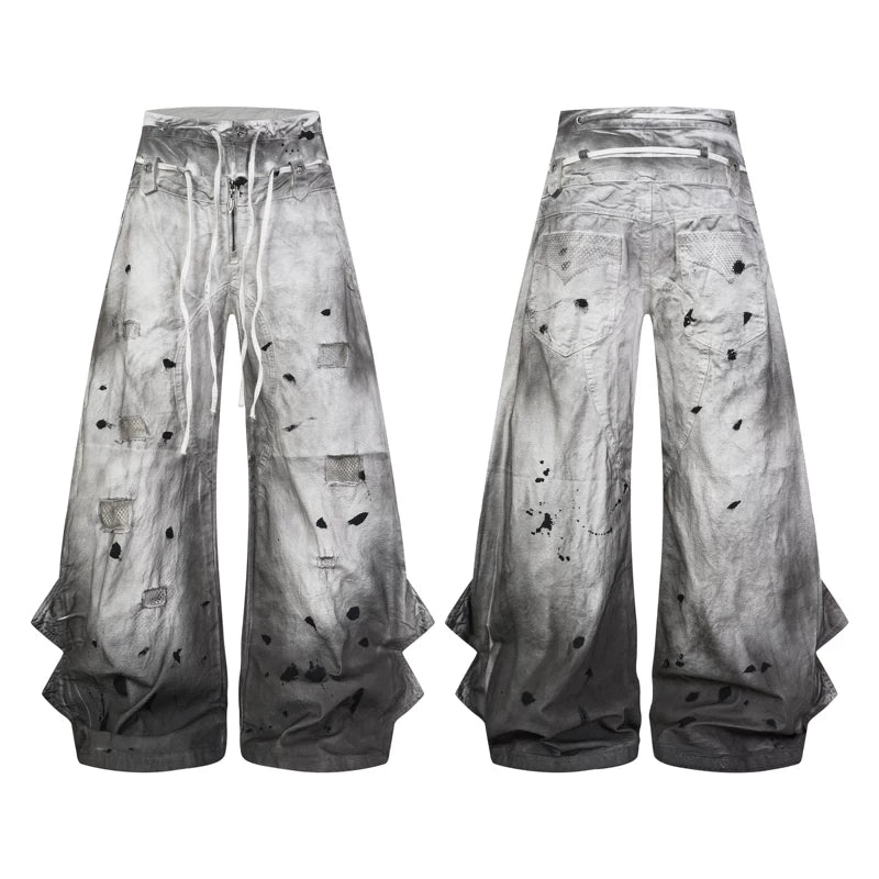 6265594130581,6265594130582,6265594130583,6265594130584,6265594130585, Distressed Mesh Patchwork Double Waistband Pants