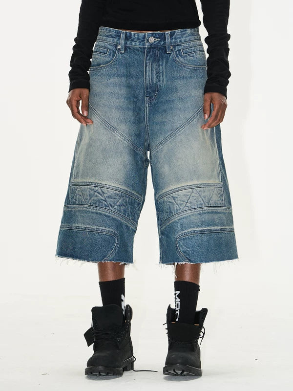 Distressed Motorcycle Denim Shorts with Frayed Hem 1