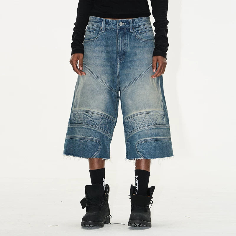 5754321636179,5754321636180,5754321636181,5754321636182, Distressed Motorcycle Denim Shorts with Frayed Hem