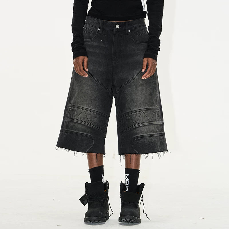 5754722336438,5754722336439,5754722336440,5754722336441, Distressed Motorcycle Denim Shorts with Frayed Hem
