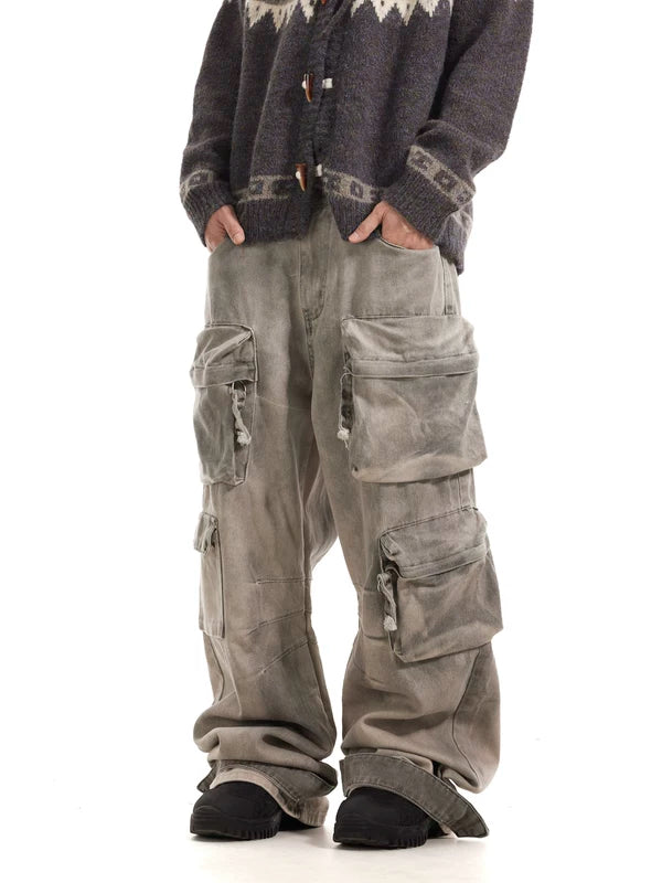 Distressed Multi-Pocket Loose Cargo Jeans Pants 1