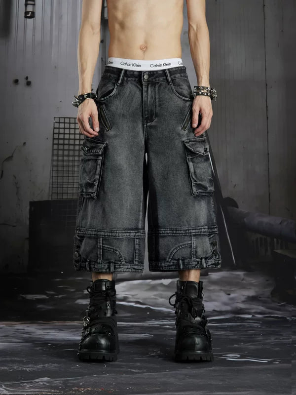 Distressed Multi-Pocket Loose Cropped Pants 1