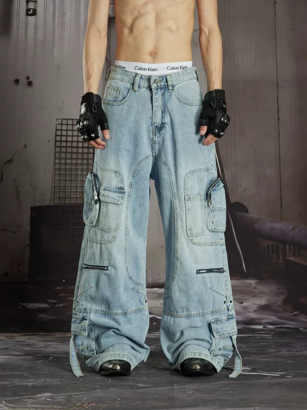 Distressed Multi-Pocket Loose Straight Leg Jeans 1