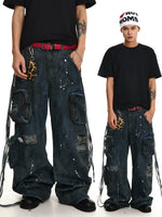 Distressed Multi-Pocket Wide-Leg Cargo Pants 1