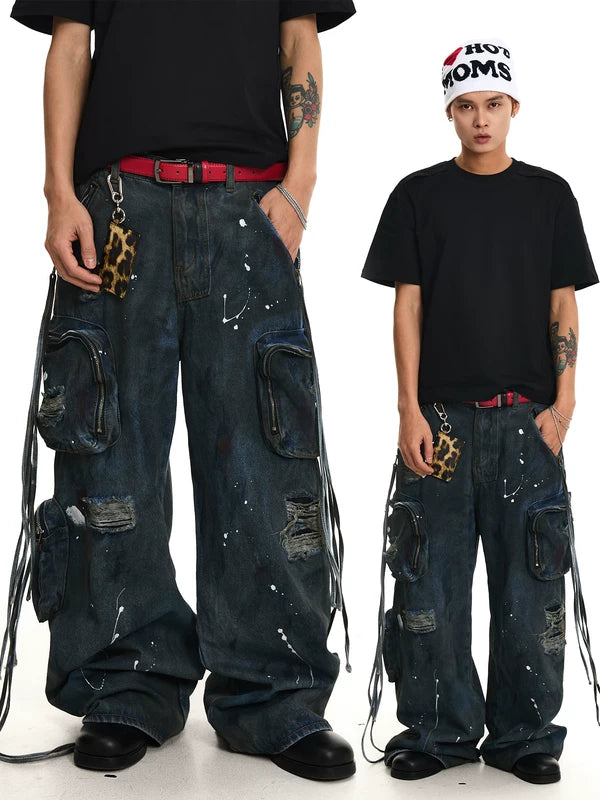 Distressed Multi-Pocket Wide-Leg Cargo Pants 1