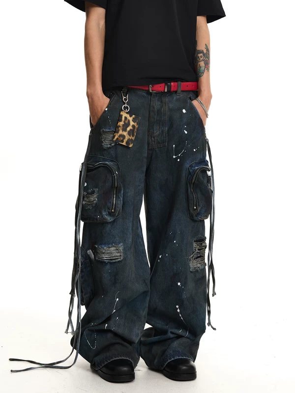 Distressed Multi-Pocket Wide-Leg Cargo Pants 2
