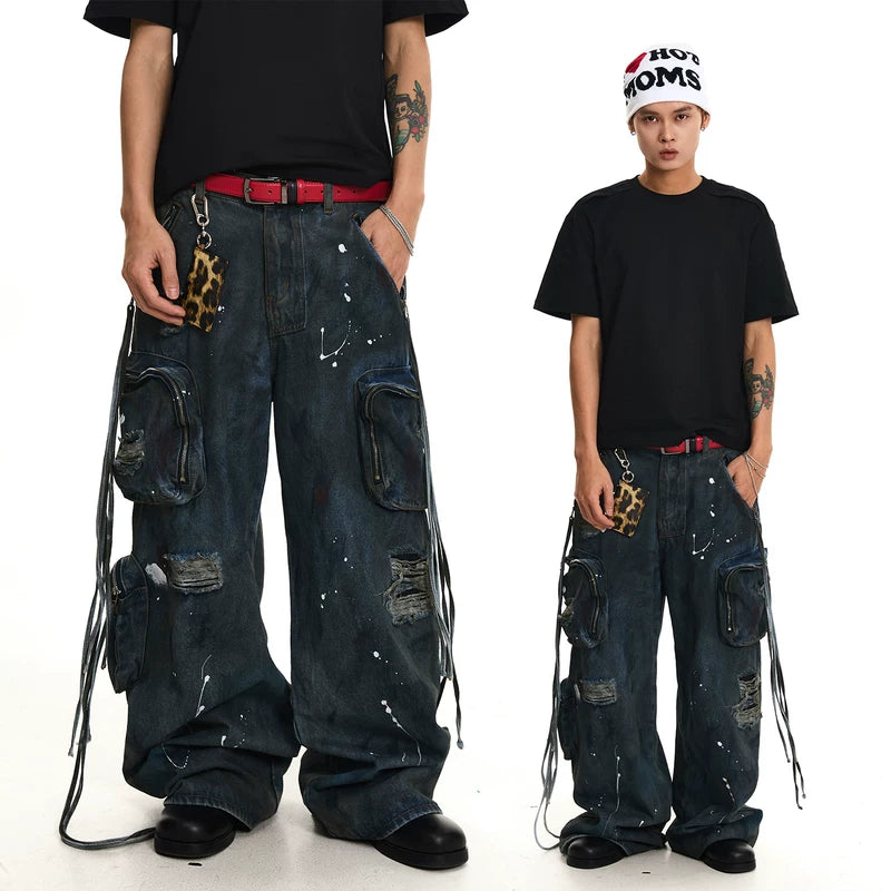 6206476127720,6206476127721,6206476127722,6206476127723, Distressed Multi-Pocket Wide-Leg Cargo Pants