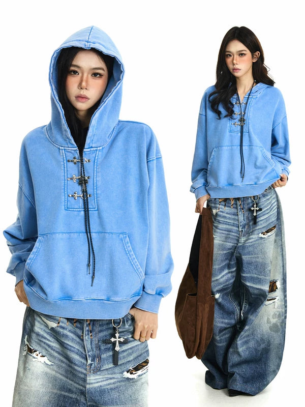 Distressed Oversized Hooded Sweatshirt with Buttons 1