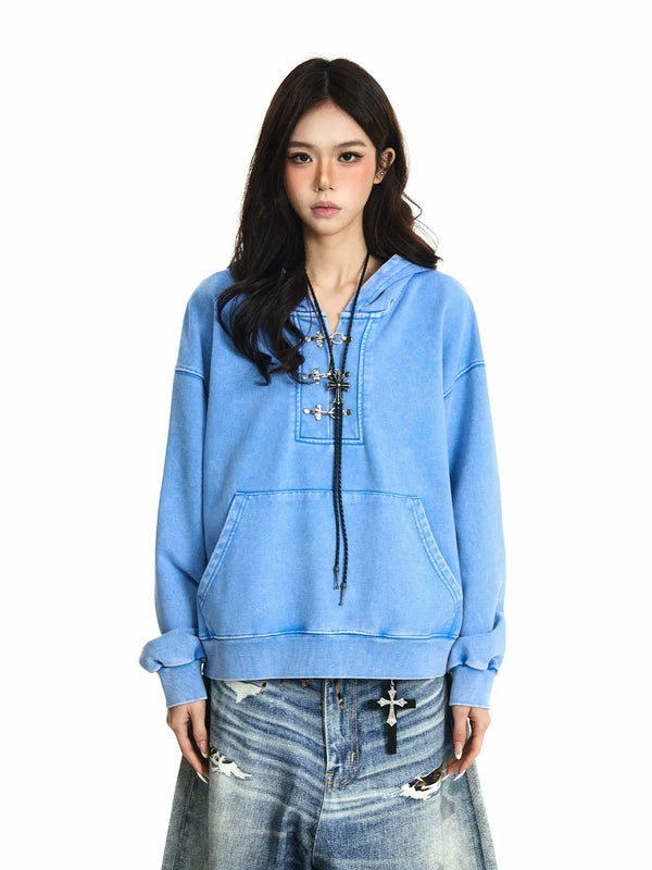 Distressed Oversized Hooded Sweatshirt with Buttons 2