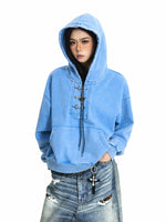 Distressed Oversized Hooded Sweatshirt with Buttons 3