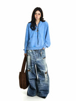 Distressed Oversized Hooded Sweatshirt with Buttons 4