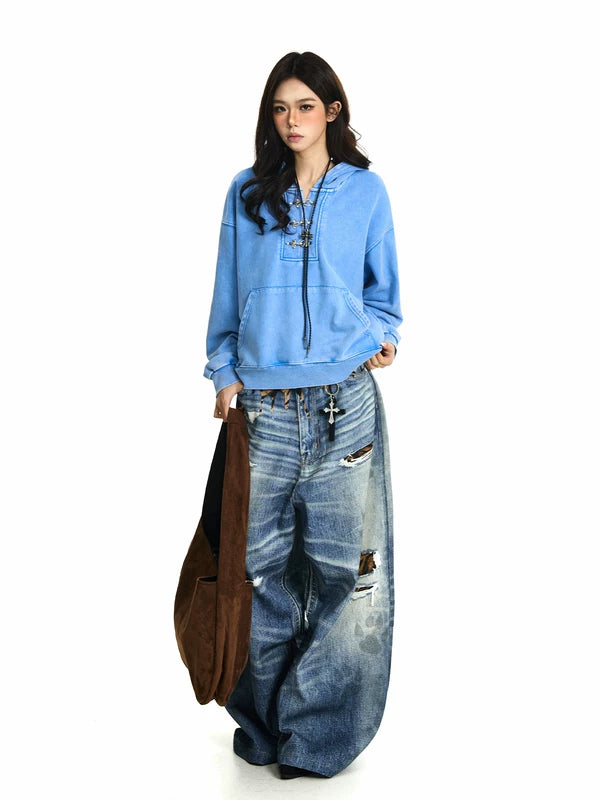 Distressed Oversized Hooded Sweatshirt with Buttons 5