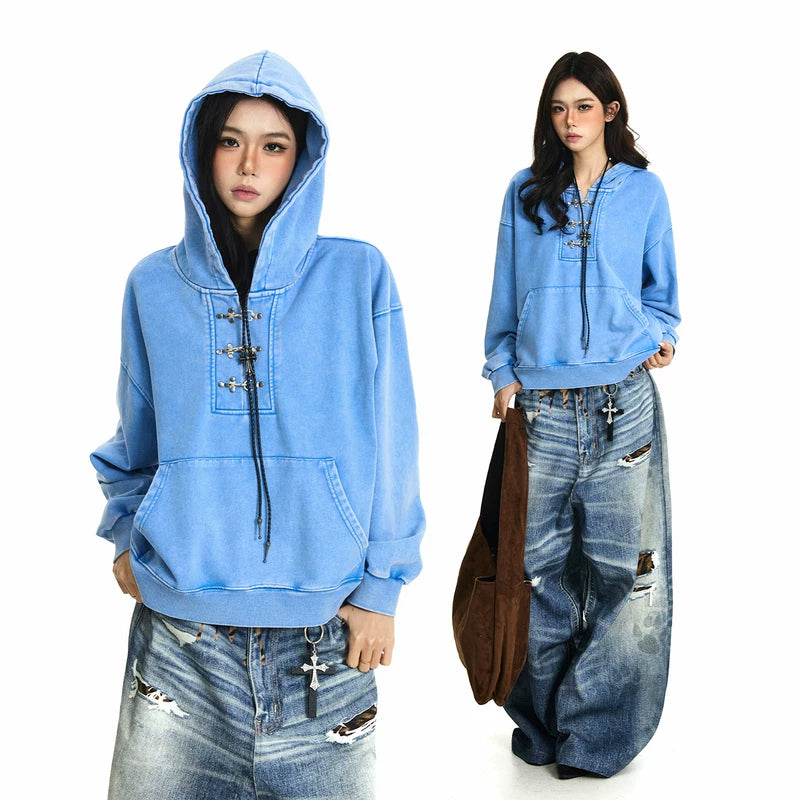 6203304863364,6203304863365,6203304863366, Distressed Oversized Hooded Sweatshirt with Buttons