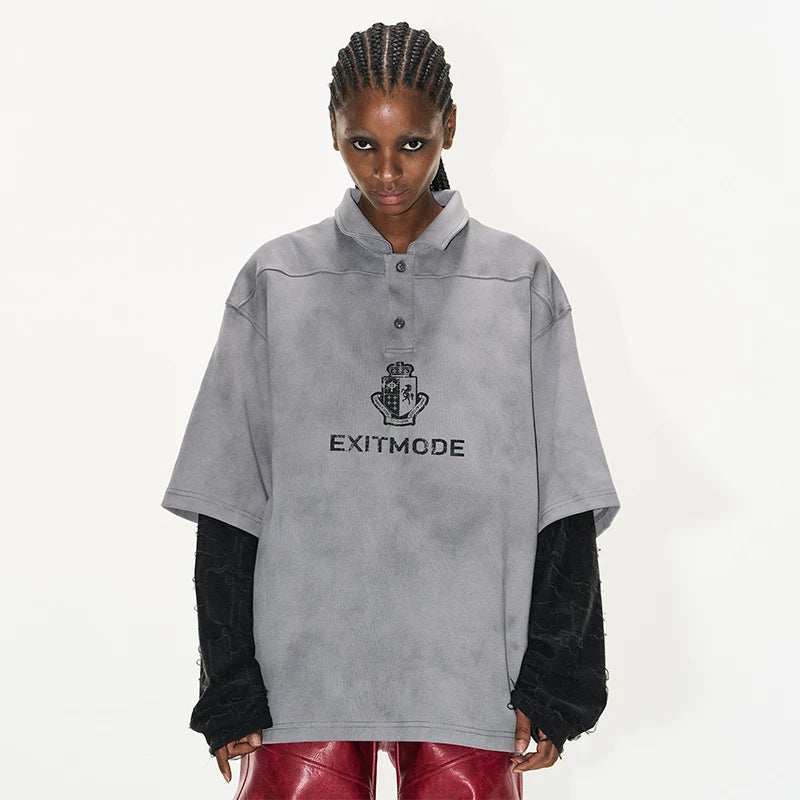 5905057322490,5905057322491,5905057322492,5905057322493, Distressed Oversized Polo Short-Sleeve T-Shirt