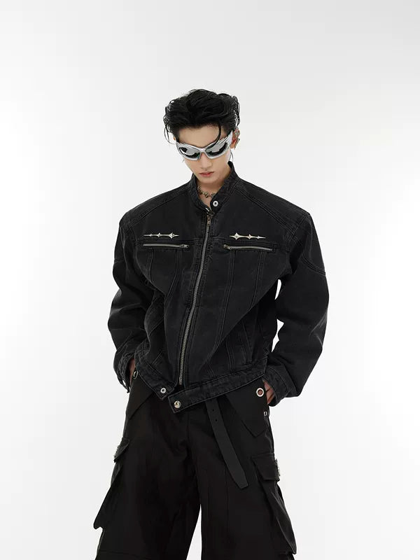 Distressed Padded Shoulder Denim Jacket 1