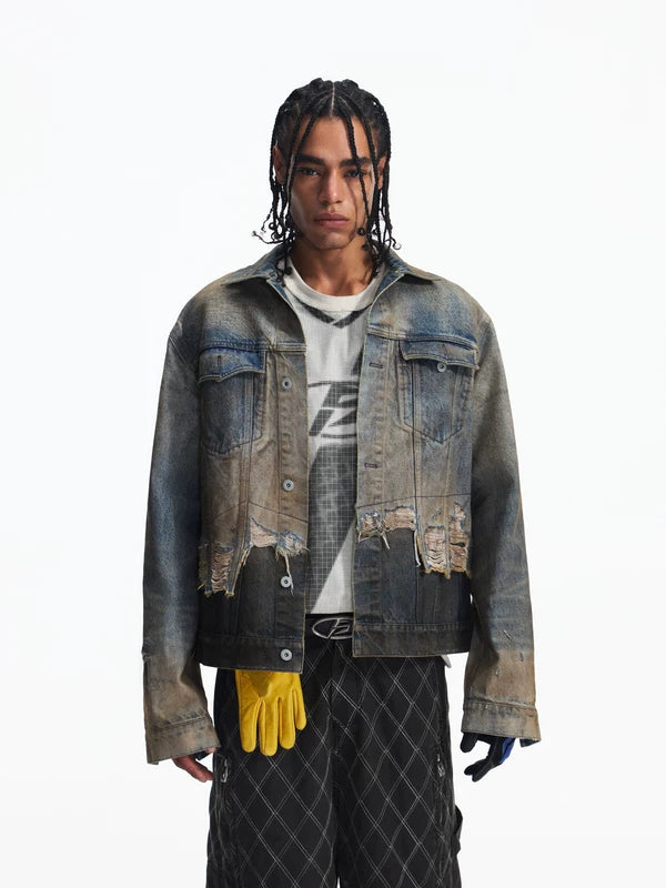 Distressed Patchwork Denim Jacket with Tassels 1