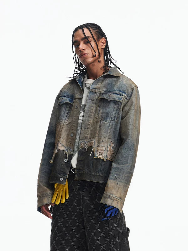 Distressed Patchwork Denim Jacket with Tassels 2