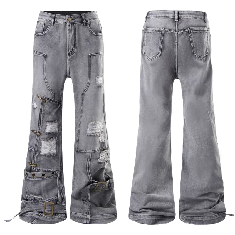 6253470006739,6253470006740,6253470006741,6253470006742, Distressed Patchwork Flared Jeans