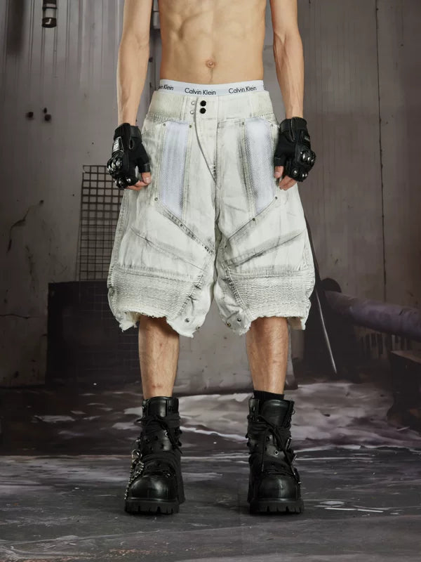 Distressed Patchwork Functional Denim Shorts 1