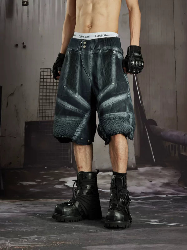 Distressed Patchwork Functional Denim Shorts 2
