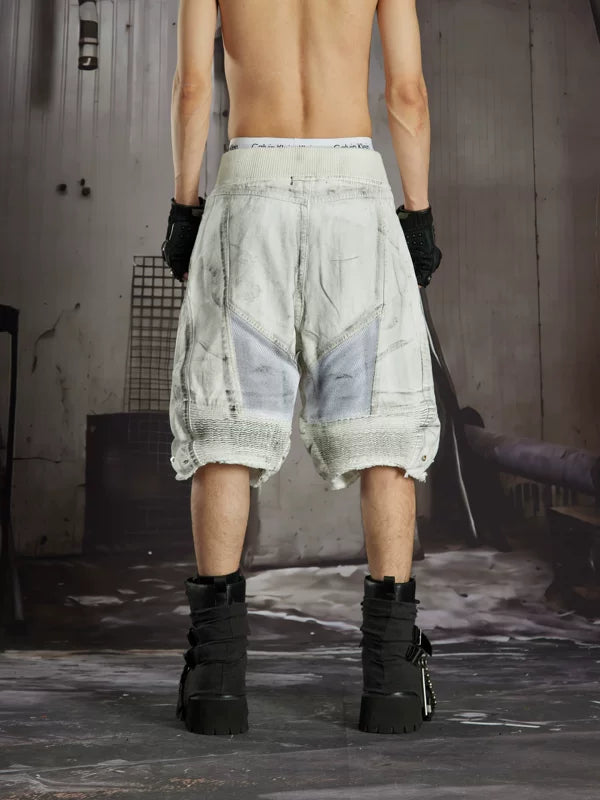 Distressed Patchwork Functional Denim Shorts 3