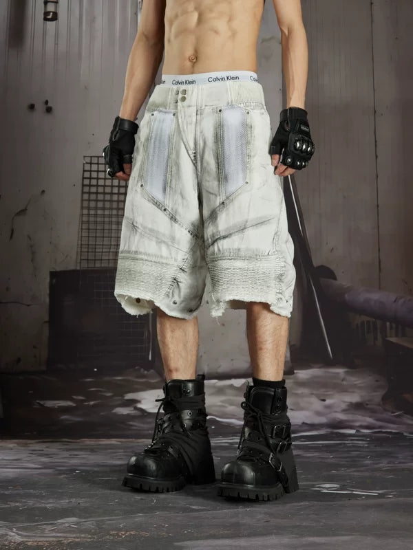 Distressed Patchwork Functional Denim Shorts 4
