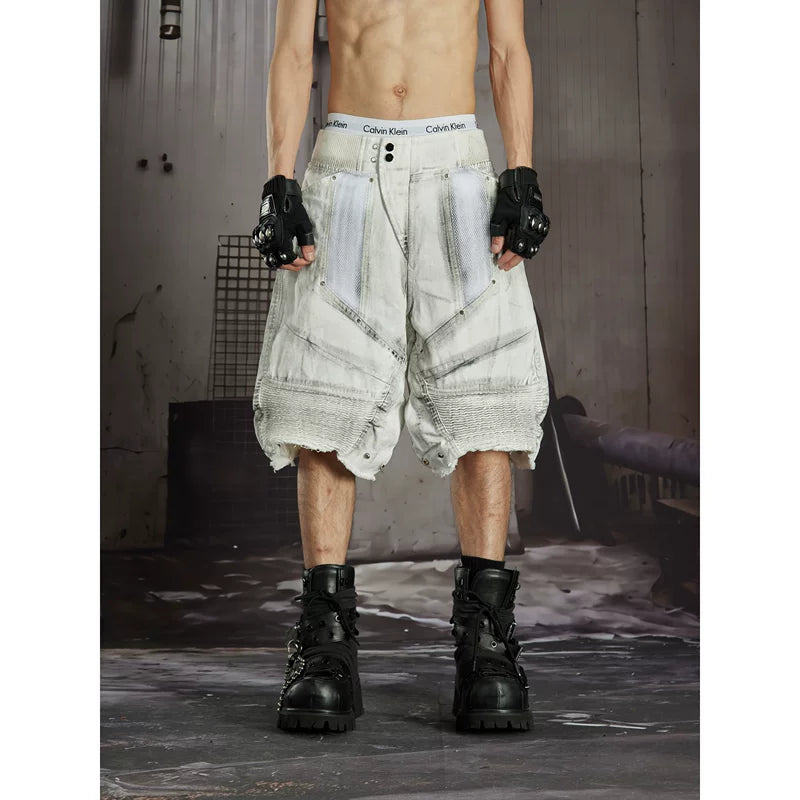 6265165106359,6265165106360, Distressed Patchwork Functional Denim Shorts