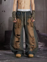 Distressed Patchwork Wide-Leg Cargo Jeans 1