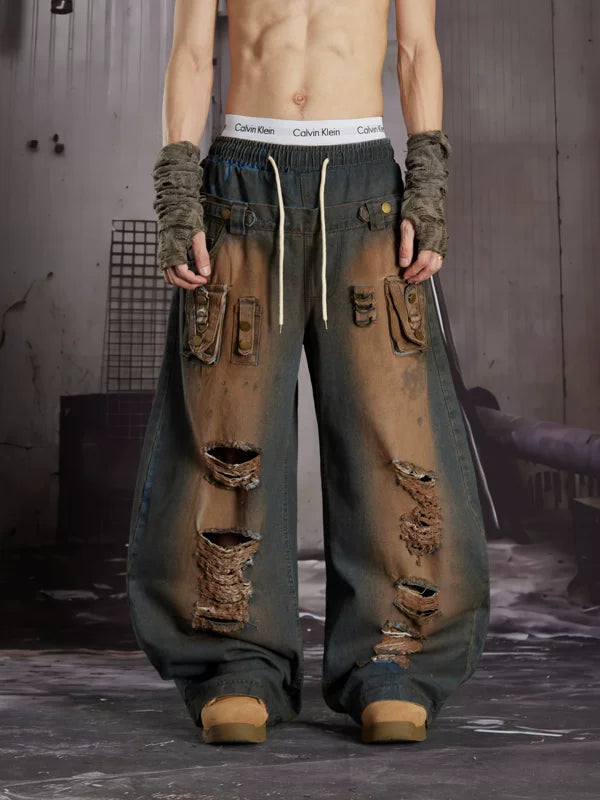 Distressed Patchwork Wide-Leg Cargo Jeans 1