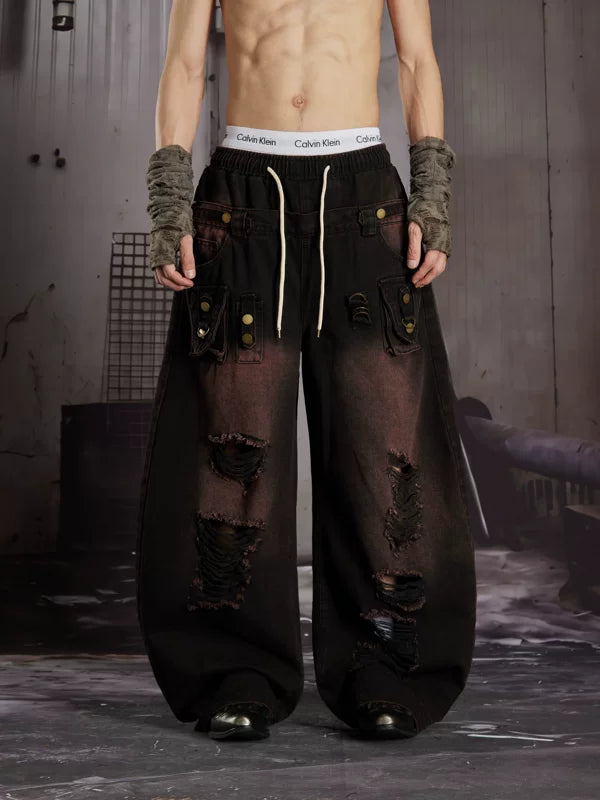 Distressed Patchwork Wide-Leg Cargo Jeans 2