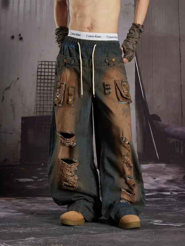 Distressed Patchwork Wide-Leg Cargo Jeans 3