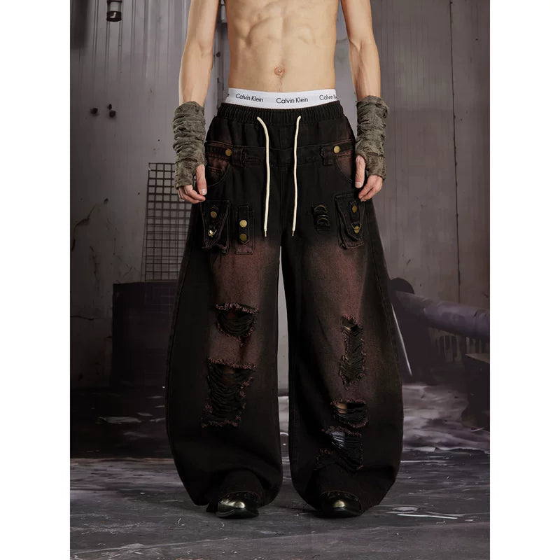 6100970325589,6100970325590,6100970325591,6100970325592, Distressed Patchwork Wide-Leg Cargo Jeans
