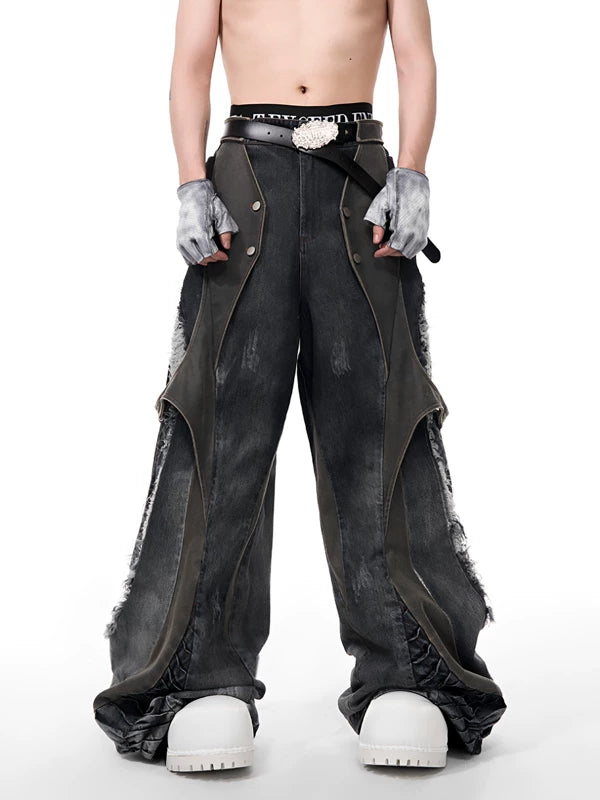 Distressed Patchwork Wide-Leg Floor-Length Jeans 1