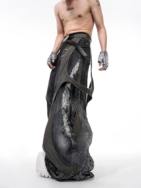 Distressed Patchwork Wide-Leg Floor-Length Jeans 2