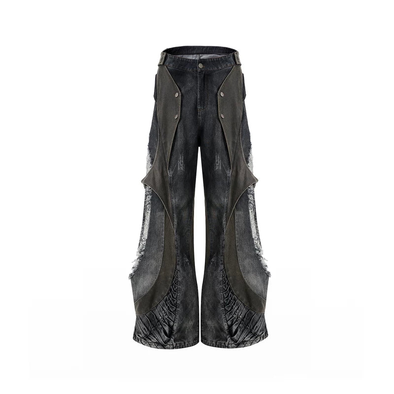5937389527916,5937389527917,5937389527918,5937389527919, Distressed Patchwork Wide-Leg Floor-Length Jeans